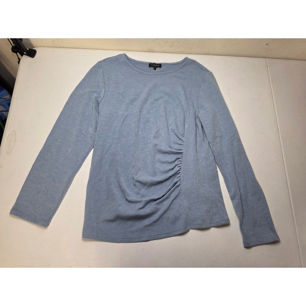 1.STATE Womens Light Blue Heathered Side Ruched Long Sleeve Crew Neck Top Large